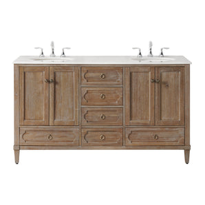 BRADFORD 62"W BATH VANITY IN RECLAIMED GRAY WITH WHITE MARBLE TOP AND WHITE BASIN